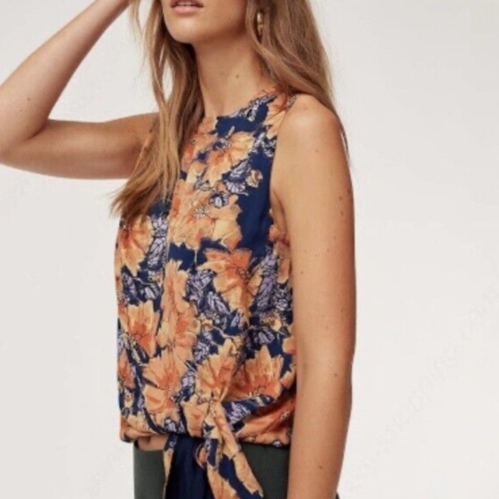 Aritzia Babaton Hopkins Blouse Floral Top Navy Orange Front Tie Women’s XXS